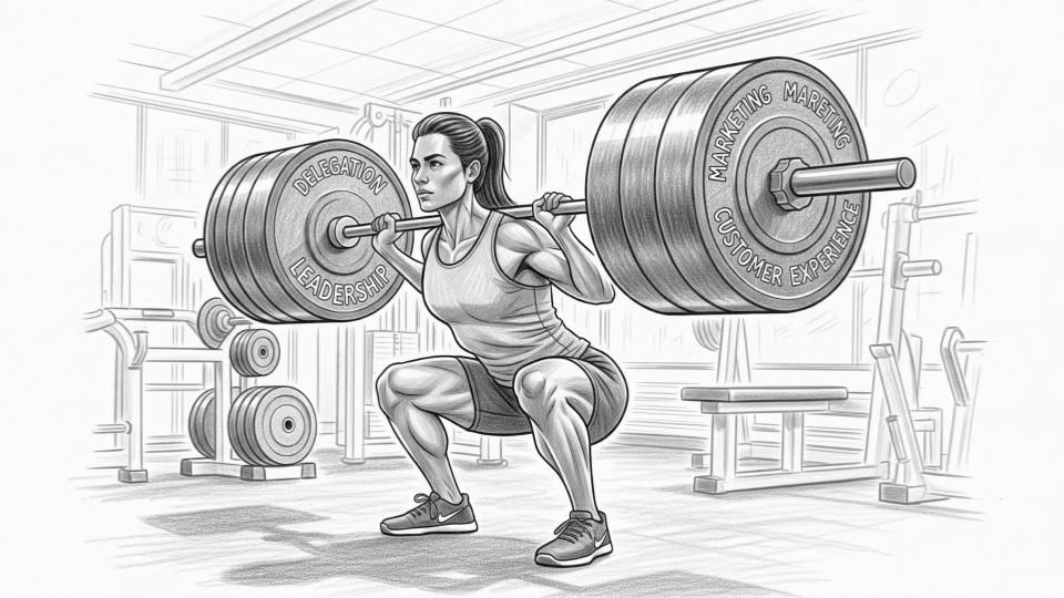 black and white illustration of woman squating