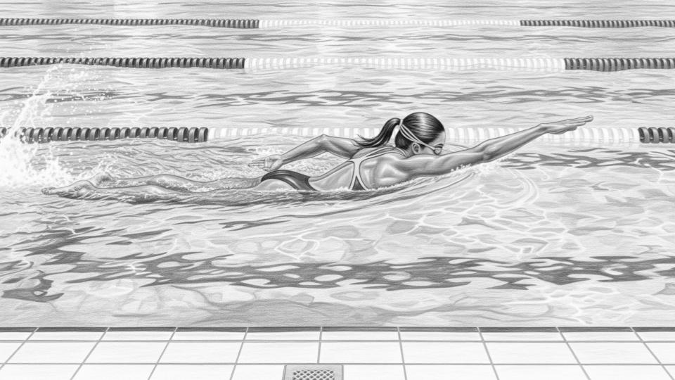 black and white illustration of woman swimming